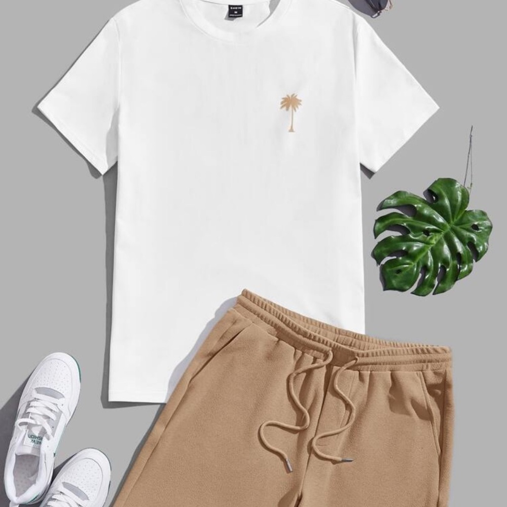 Manfinity Knitted Crew Neck Short Sleeve T-Shirt And Drawstring Shorts Set